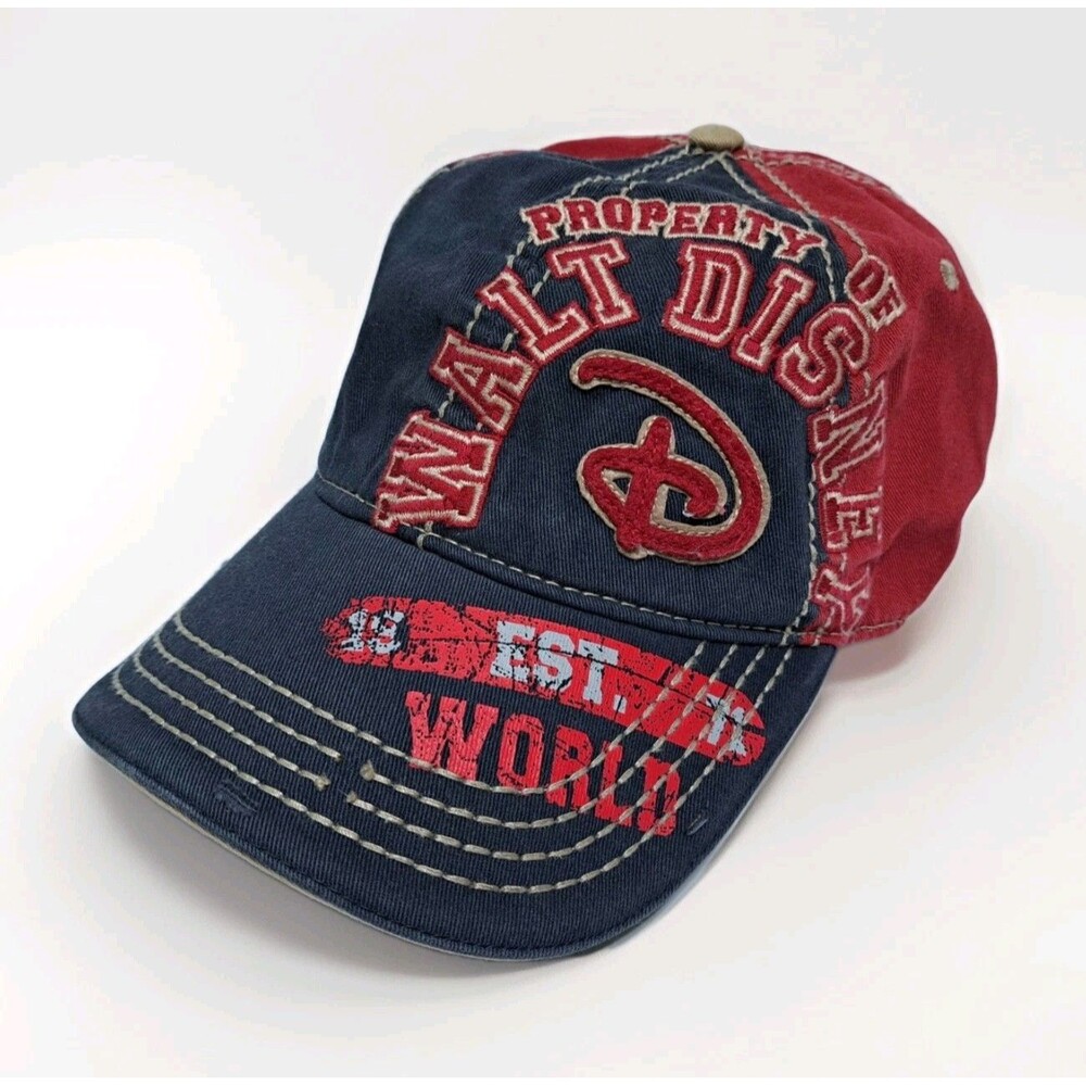 Disney Parks Hat Cap Strap Back Property Of Walt Disney Red Blue Distressed Dad